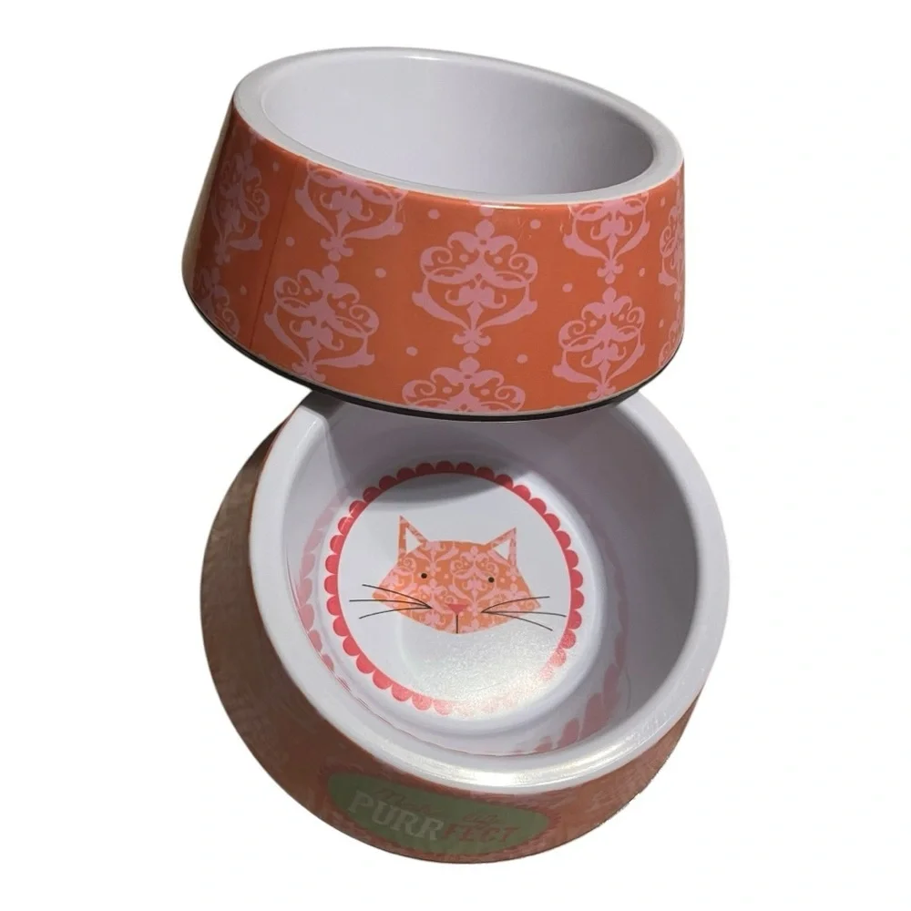 Cat food & water bowls melamine make life purrfect coral pink green 4.5 x 2” set